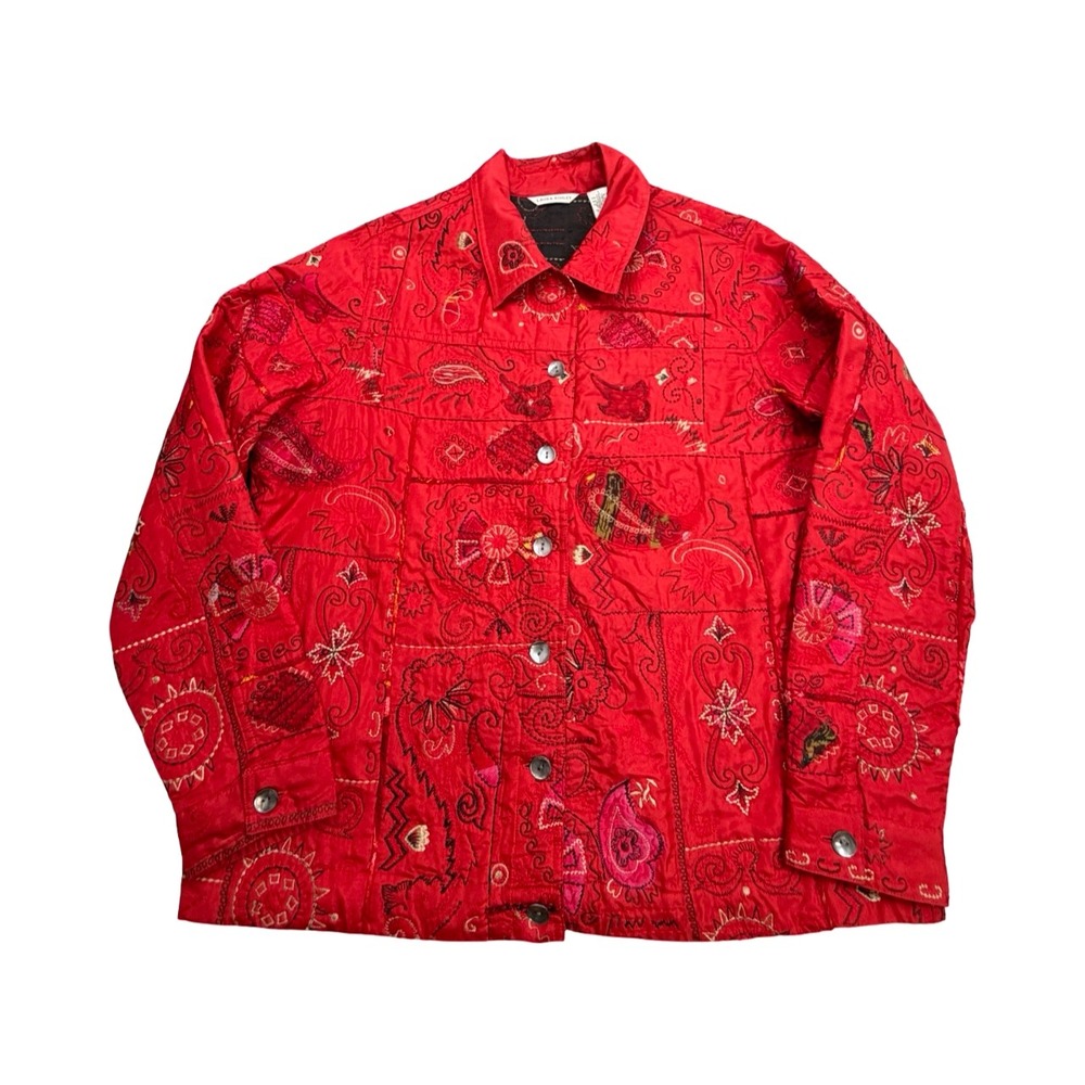 Laura Ashley Jacket Womens L Red Quilted Embroidered Button Up Paisley Art